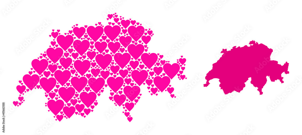 Love mosaic and solid map of Switzerland. Mosaic map of Switzerland composed from pink lovely hearts. Vector flat illustration for love concept illustrations. Love mosaic and solid map of Switzerland. Mosaic map of Switzerland composed from pink lovely hearts. Vector flat illustration for love concept illustrations.