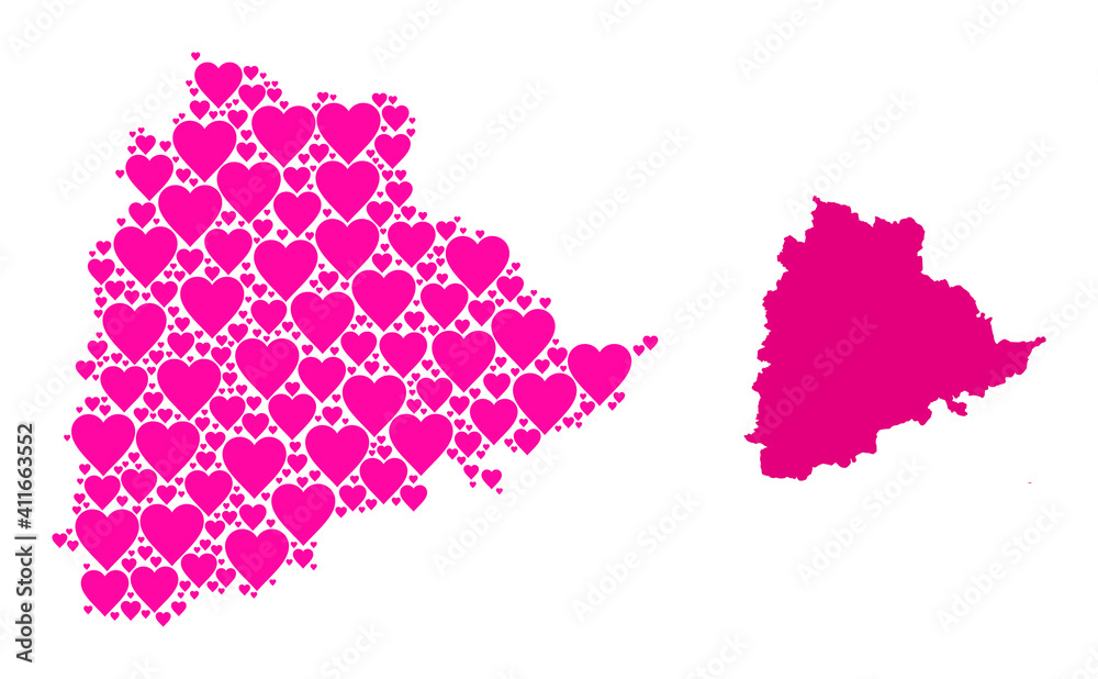 Love mosaic and solid map of Telangana State. Mosaic map of Telangana State is designed from pink lovely hearts. Vector flat illustration for love conceptual illustrations.