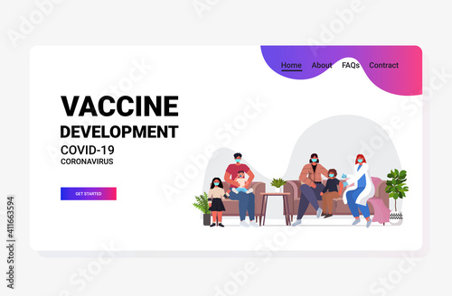 female doctor vaccinating family patients in masks to fight against coronavirus vaccine development concept full length horizontal vector illustration