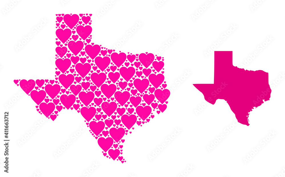 Love collage and solid map of Texas State. Collage map of Texas State composed with pink lovely hearts. Vector flat illustration for love conceptual illustrations.