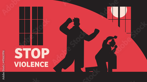 silhouette of angry man punching and hitting woman stop domestic violence and aggression against women full length horizontal vector illustration