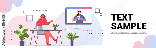 businesswoman discussing with female doctor during video call online medical consultation coronavirus quarantine self isolation concept horizontal copy space vector illustration