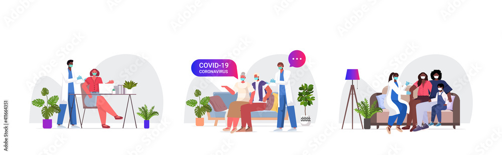 set mix race doctors in masks vaccinating patients to fight against coronavirus vaccine development medical immunization campaign concept full length horizontal vector illustration - obrazy, fototapety, plakaty 