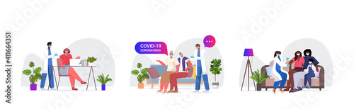 set mix race doctors in masks vaccinating patients to fight against coronavirus vaccine development medical immunization campaign concept full length horizontal vector illustration