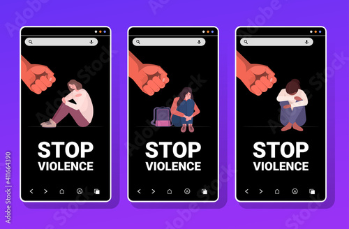 set fist over scared terrified woman stop family violence and aggression against women concept smartphone screens collection full length horizontal vector illustration