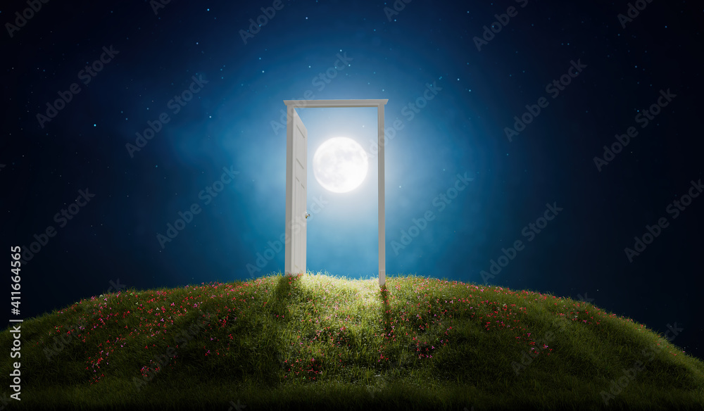 Open door to new world on a full moon night. Simple clean and modern minimal concept. 