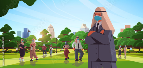 arabic businesspeople wearing protective masks to prevent coronavirus pandemic covid-19 quarantine concept arab business people walking outdoor cityscape background horizontal vector illustration