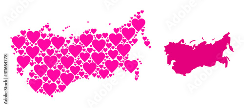 Love collage and solid map of USSR. Collage map of USSR composed from pink lovely hearts. Vector flat illustration for love conceptual illustrations.