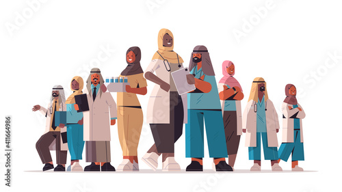 arabic team of medical professionals discussing during meeting arab doctors standing together medicine healthcare concept horizontal full length vector illustration
