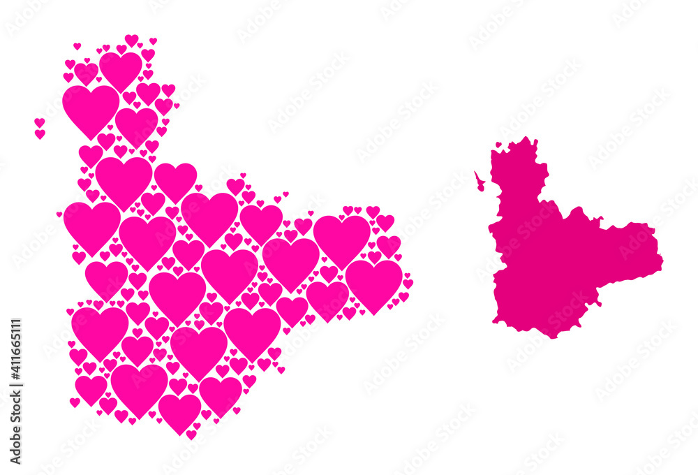 Love pattern and solid map of Valladolid Province. Collage map of Valladolid Province formed from pink love hearts. Vector flat illustration for marriage conceptual illustrations.