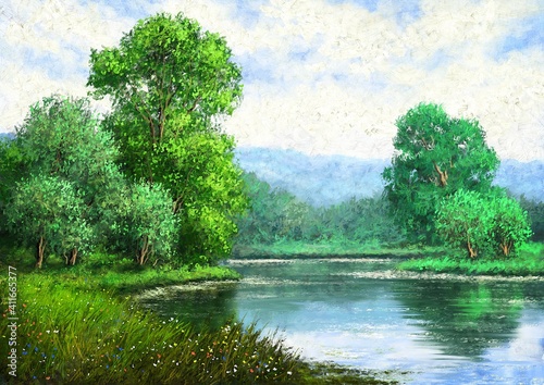 Oil paintings landscape with river. Fine art  tree on the water