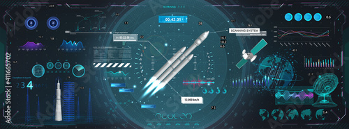 Rocket launch and flight, dashboard, HUD style control center. Set of space elements for GUI, UI, UX and education App. Sci-fi 3D elements with HUD, UI interface. Cockpit dashboard graphic panel.