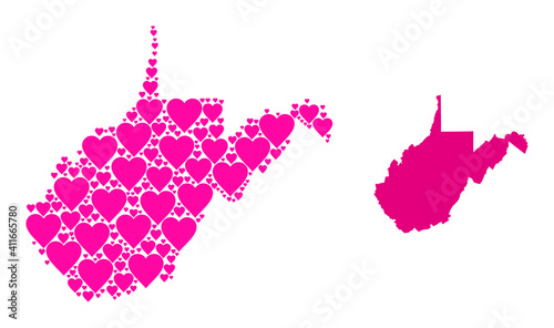Love collage and solid map of West Virginia State. Collage map of West Virginia State composed with pink love hearts. Vector flat illustration for dating abstract illustrations.