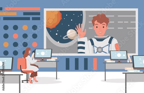 Space flight control center vector flat illustration. Scientist woman in white robe talking on satellite link with an astronaut. Mission control, space flight, and expedition monitoring.