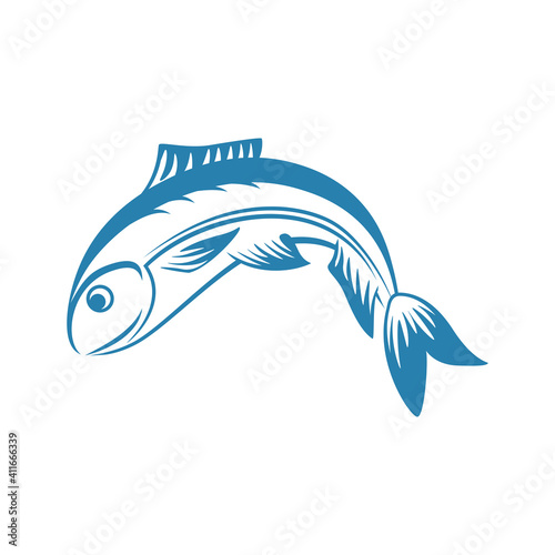 Blue fish vector line illustration isolated on white background. Fishing sport or fish store logotype element. Fresh fish icon. Sport hobby, summer fishing vacation on lake or sea.