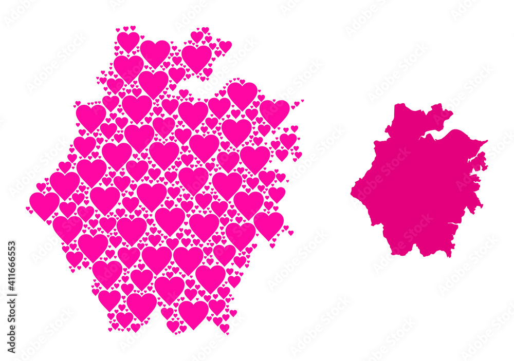 Love mosaic and solid map of Zhejiang Province. Mosaic map of Zhejiang Province composed from pink love hearts. Vector flat illustration for dating concept illustrations.