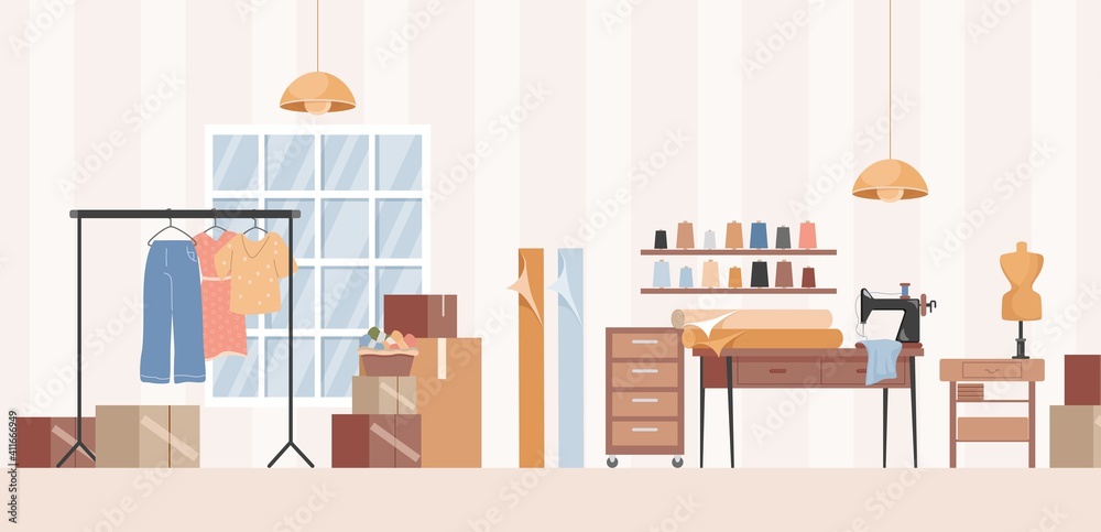 Sewing workshop, dressmaker studio, or clothes atelier interior design vector flat illustration. Sewing machine, female mannequin, textile and fabric, boxes with equipment for sewing clothes.