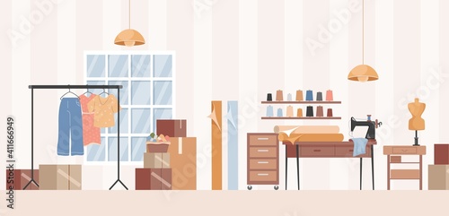 Sewing workshop, dressmaker studio, or clothes atelier interior design vector flat illustration. Sewing machine, female mannequin, textile and fabric, boxes with equipment for sewing clothes.