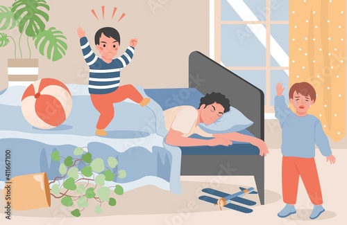 Young father lying in bed and trying to feel asleep, while his two little naughty sons crying and getting angry vector flat illustration. Parenting and fatherhood concept. Bedroom or interior design.