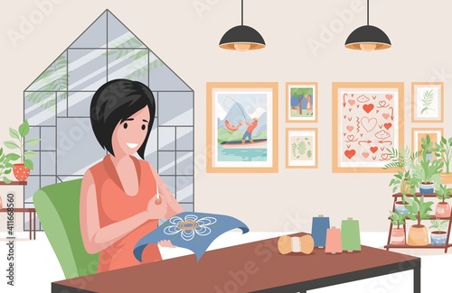 Young woman sitting at the table in armchair and sewing vector flat illustration. Female character embroidering on canvas in cozy living room. Manual labor, needlework, domestic craft hobby concept.