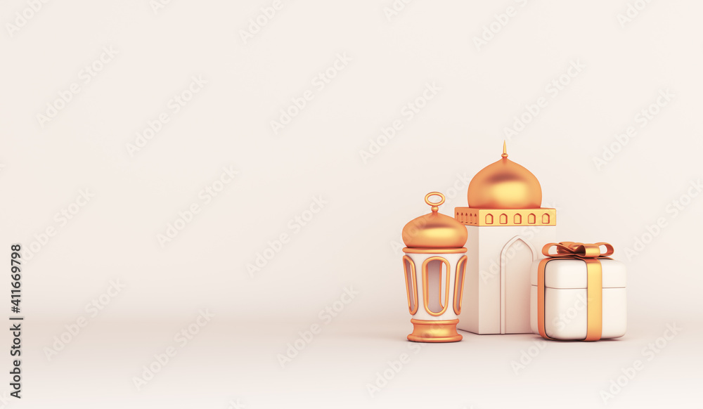 Islamic decoration background with arabic lantern, mosque, gift box cartoon  style, ramadan kareem, mawlid, iftar, isra miraj, eid al fitr adha,  muharram, copy space text, 3D illustration. Stock Illustration | Adobe Stock
