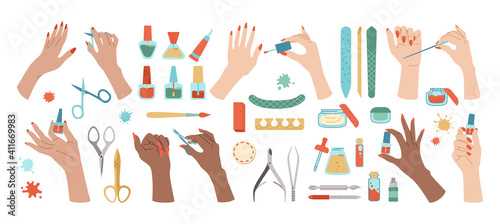 Manicured hands and manicure tools set. Female hands, polishing nails, nail polish, file, tweezers, hand cream, scissors, splash. Equipment manicure design elements beauty and fashion stylish vector