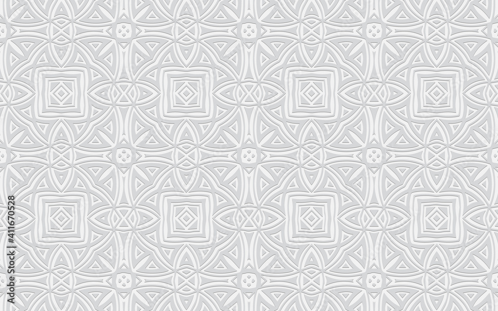 Complex geometric volumetric convex 3D pattern for wallpapers, presentations, websites. Ethnic embossed white background in the style of Africa, Mexico, Aztecs. Complex geometric volumetric convex 3D pattern for wallpapers, presentations, websites. Ethnic embossed white background in the style of Africa, Mexico, Aztecs.
