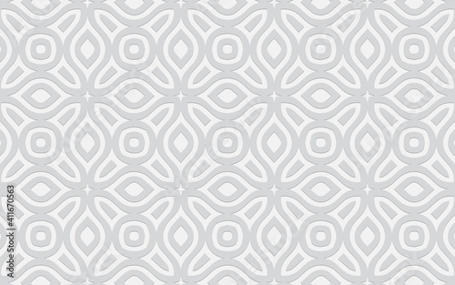 Complex geometric volumetric convex 3D pattern for wallpapers, presentations, websites. Ethnic embossed white background in traditional oriental style.