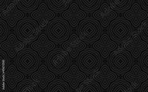 A complex geometric volumetric convex 3D pattern for presentations, wallpapers. Ethnic embossed black background with stylized doodling flowers.