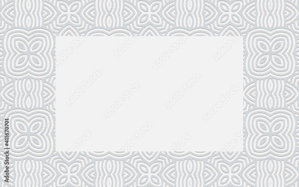 Geometric volumetric convex 3D frame for text. Ethnic embossed white doodling pattern.