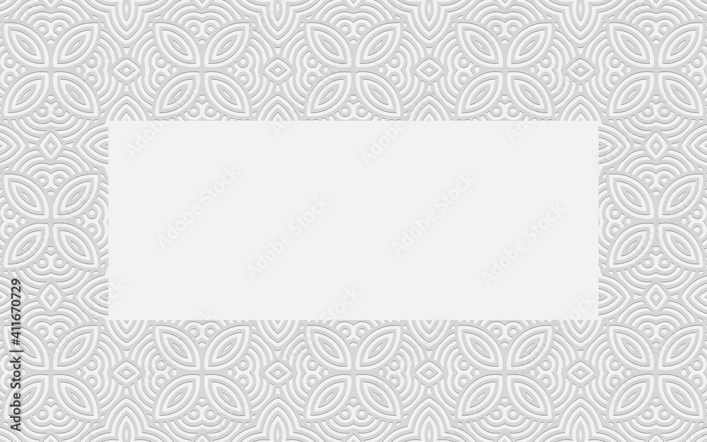 Frame for text from a volumetric convex pattern. Ethnic openwork white background for advertising. Frame for text from a volumetric convex pattern. Ethnic openwork white background for advertising.