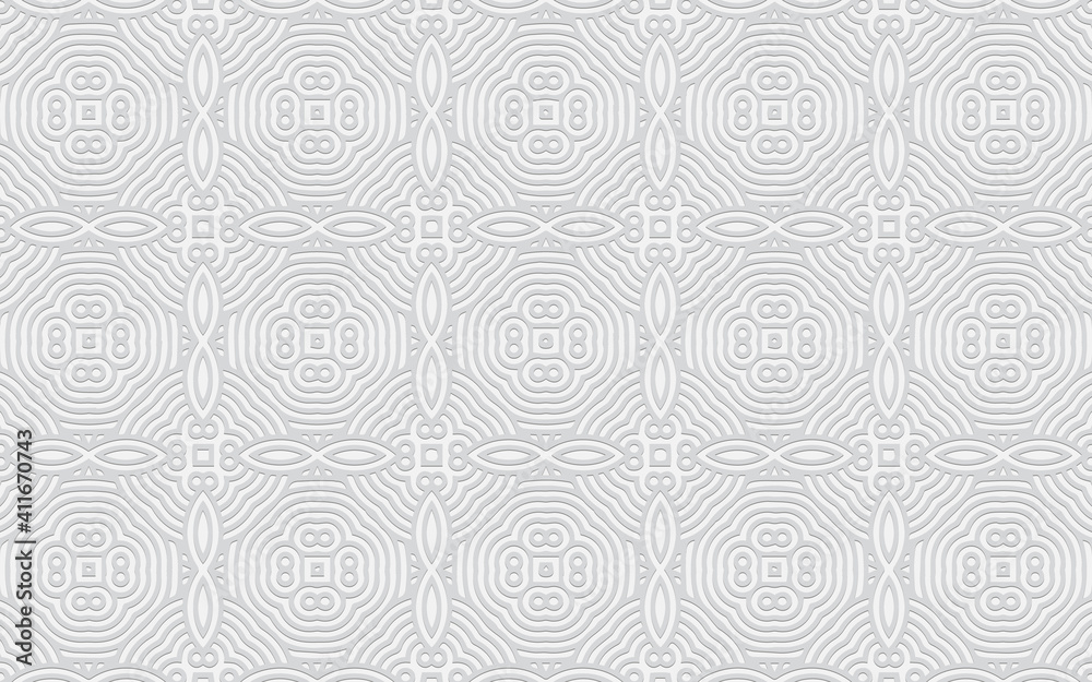 Decorative geometric volumetric convex 3D pattern for wallpaper, presentations. Ethnic embossed relief white background based on the peoples of Africa, Mexico, Aztecs.