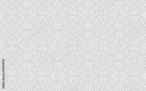 Complex geometric volumetric convex 3D pattern for wallpaper, presentations. Ethnic openwork embossed white background in oriental doodling style. 