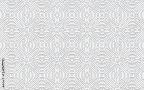 Decorative geometric volumetric convex 3D pattern for wallpaper, presentations. Ethnic embossed relief white background based on the peoples of Africa, Mexico, Aztecs.