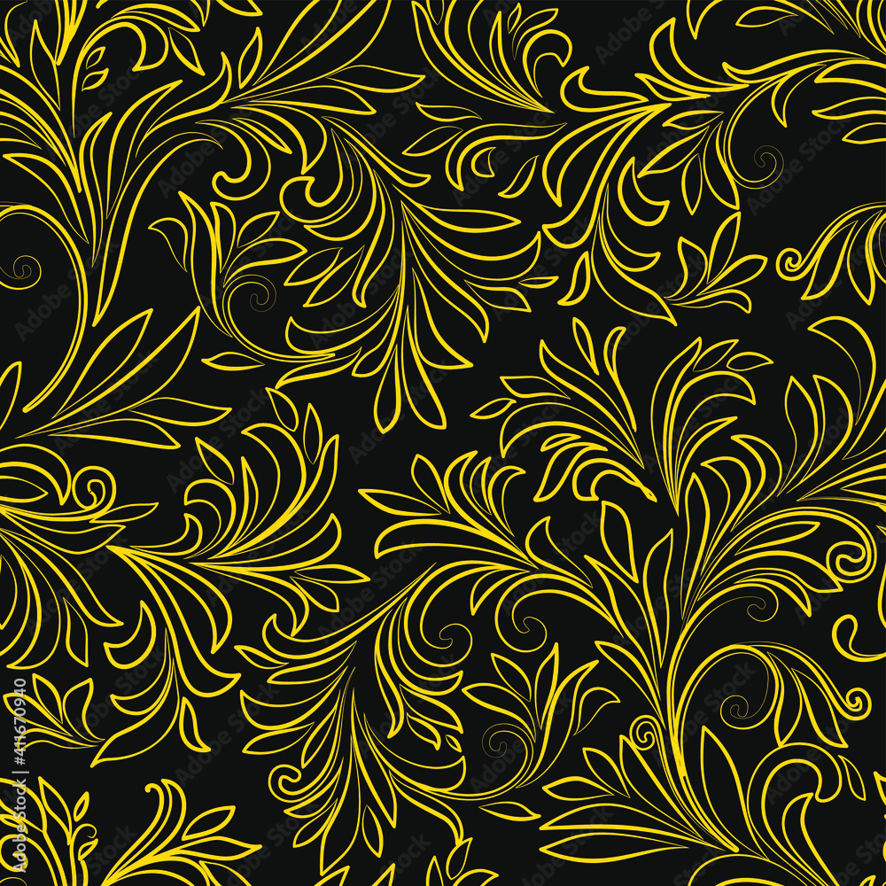 Seamless vector pattern with gold classical outline decoration on black background. Luxury background. Good print for wallpaper, textile, wrapping paper, ceramic tiles Seamless vector pattern with gold classical outline decoration on black background. Luxury background. Good print for wallpaper, textile, wrapping paper, ceramic tiles