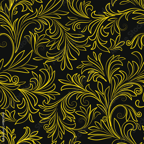 Seamless vector pattern with gold classical outline decoration on black background. Luxury background. Good print for wallpaper  textile  wrapping paper  ceramic tiles