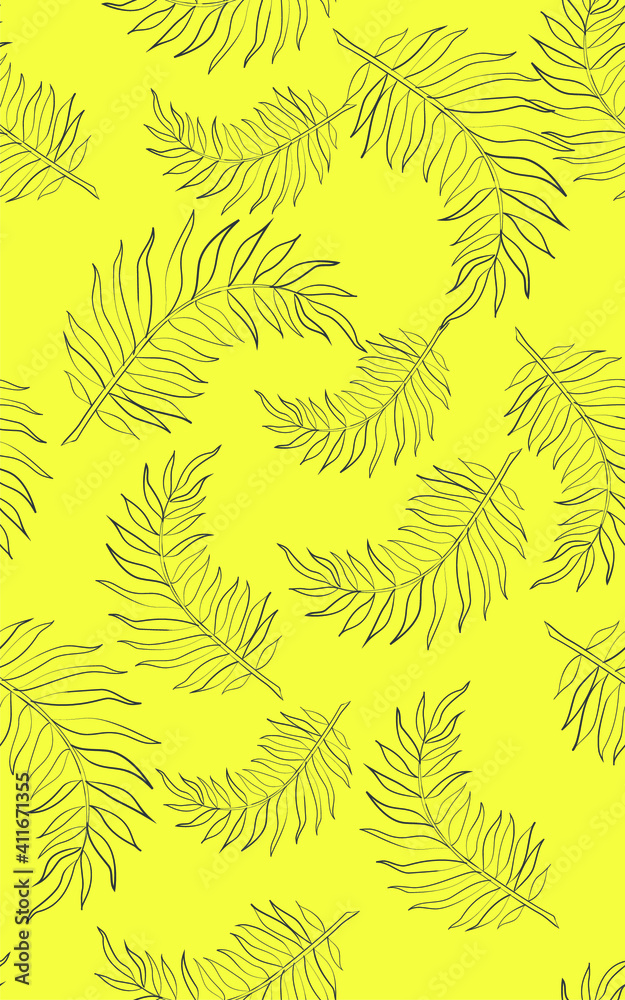 Seamless vector pattern with big palm leaves. Dark-grey outline, hand-drawn leaves on bright yellow background. Ideal for packaging design, wrapping paper, textile, fabric, wallpaper, ceramic tiles