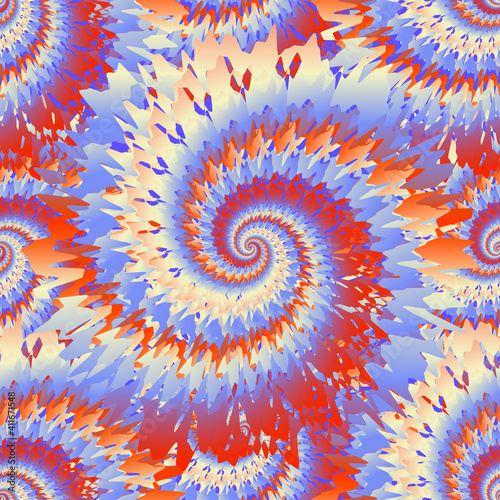 Seamless vector pattern in pastel orange and blue colors. Tie-dye design, ethnic style, psychedelic. Good print for wrapping paper, packaging design, wallpaper, ceramic tiles, and textile
