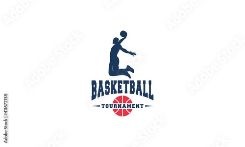 basketball logo with illustration of great looking basketball player jumping and about to throw basketball