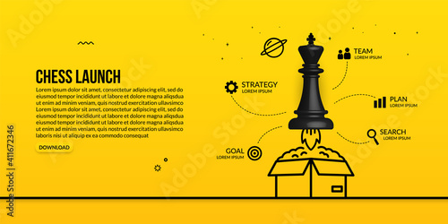 Chess king launching out of the box infographic concept of business strategy and management