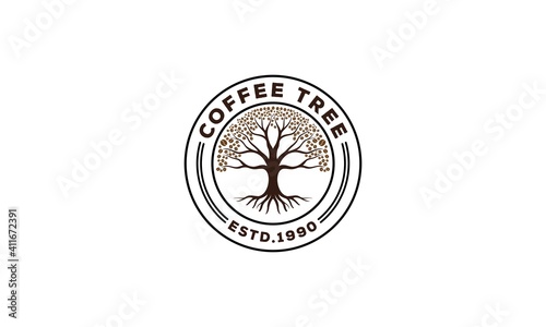 Unique coffee tree logo with leaves made of coffee beans