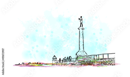 Building view with landmark of Belgrade is the
capital of Serbia. Watercolor splash with hand drawn sketch illustration in vector.
