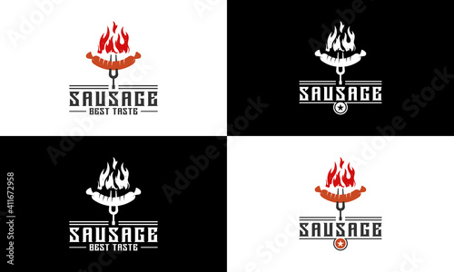 grilled sausage logo with sausage skewer that looks delicious and tasty