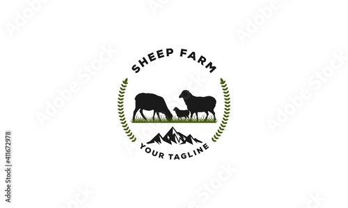 sheep farm logo with grass and white background