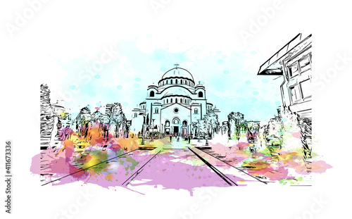 Building view with landmark of Belgrade is the
capital of Serbia. Watercolor splash with hand drawn sketch illustration in vector.