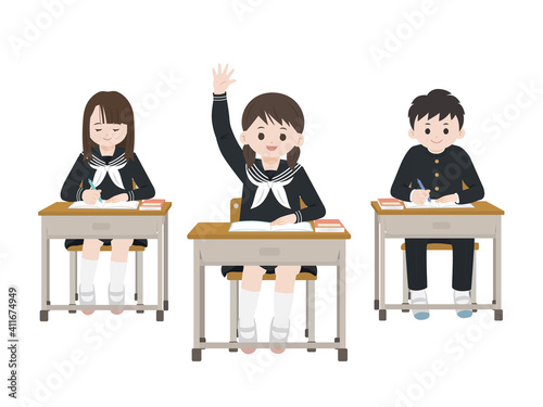 授業風景　勉強をする　手を挙げる　学生　生徒　イラスト素材