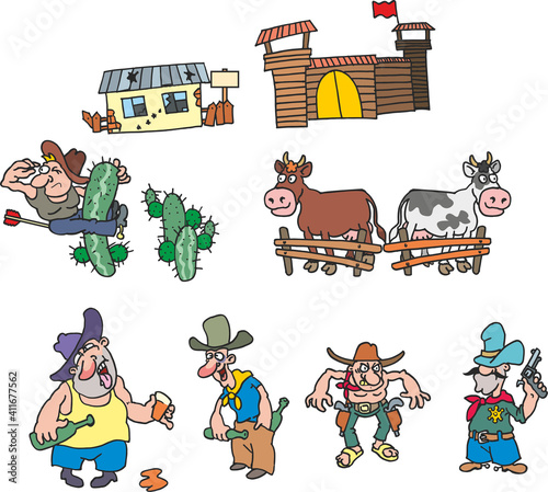 Wild west cartoon set. Various cowboys, drunk with alcohol, bottles, guns, a sheriff with a pistol, cows in a barn, a cactus, a farm. Flat infographics. Vector illustration in cartoon style.