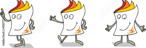 Set of newspaper with arms and legs in different poses, isolated on white background. The magazine smiles with eyes. Flat infographics. Vector illustration in cartoon style.