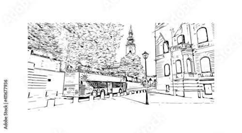 Building view with landmark of Belgrade is the
capital of Serbia. Hand drawn sketch illustration in vector.