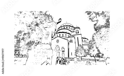 Building view with landmark of Belgrade is the
capital of Serbia. Hand drawn sketch illustration in vector.